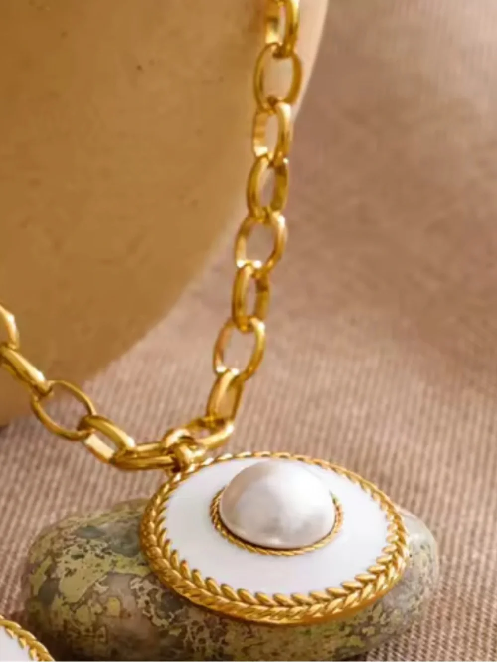Gold Medallion White Pearl Circle Necklace